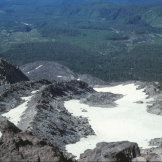 Looking downslope and the Monitor Ridge lava flow, July 8, 1988